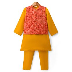 Babyhug Cotton Blend Woven Full Sleeves Kurta Pyjama Set With Sequinned & Printed Jacket - Mustard