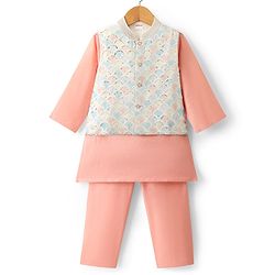 Babyhug Cotton Blend Woven Full Sleeves Kurta Pyjama Set with Embroidered Nehru Jacket - Peach