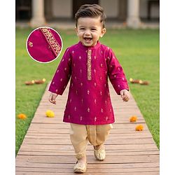 Babyhug Woven Full Sleeves Kurta Dhoti Set with Embroidery - Wine