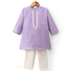 Babyhug Cotton Blend Woven Full Sleeves Floral Embroidered Kurta & Pyjama Set - Lavender