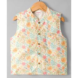Babyhug Cotton Blend Woven Full Sleeves Kurta Pyjama Set With Floral Printed Jacket - Blue