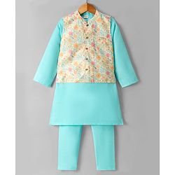 Babyhug Cotton Blend Woven Full Sleeves Kurta Pyjama Set With Floral Printed Jacket - Blue