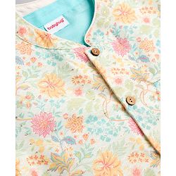 Babyhug Cotton Blend Woven Full Sleeves Kurta Pyjama Set With Floral Printed Jacket - Blue