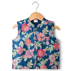 Babyhug Cotton Blend Woven Full Sleeves Kurta Pyjama Set With Floral Printed Jacket - Red
