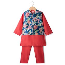 Babyhug Cotton Blend Woven Full Sleeves Kurta Pyjama Set With Floral Printed Jacket - Red