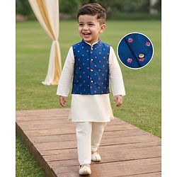 Babyhug Cotton Blend Woven Full Sleeves Solid Kurta Pyjama Set With Embroidered Jacket - Offwhite