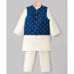 Babyhug Cotton Blend Woven Full Sleeves Solid Kurta Pyjama Set With Embroidered Jacket - Offwhite