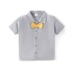 Babyhug Single Jersey Knit Half Sleeves Solid Shirt & Shorts Set With Bow Applique & Attached Suspender - Grey & Yellow