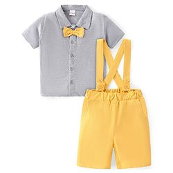 Babyhug Single Jersey Knit Half Sleeves Solid Shirt & Shorts Set With Bow Applique & Attached Suspender - Grey & Yellow