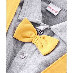 Babyhug Single Jersey Knit Half Sleeves Solid Shirt & Shorts Set With Bow Applique & Attached Suspender - Grey & Yellow