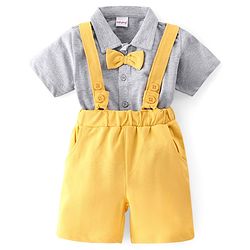 Babyhug Single Jersey Knit Half Sleeves Solid Shirt & Shorts Set With Bow Applique & Attached Suspender - Grey & Yellow