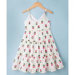 Babyhug Cambric Woven Sleeveless Tiered Ethnic Dress with Floral Print - White