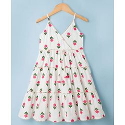Babyhug Cambric Woven Sleeveless Tiered Ethnic Dress with Floral Print - White