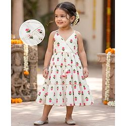 Babyhug Cambric Woven Sleeveless Tiered Ethnic Dress with Floral Print - White