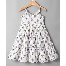 Babyhug Cambric Woven Sleeveless Ethnic Dress With Floral Print - White
