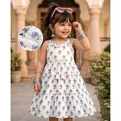 Babyhug Cambric Woven Sleeveless Ethnic Dress With Floral Print - White