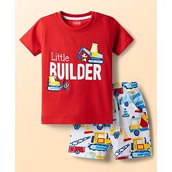 Babyhug Single Jersey Knit Half Sleeves T-Shirt & Shorts Set With Vehicles Print - Red