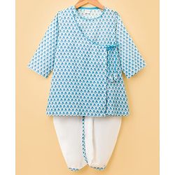 Babyhug Cambric Woven Full Sleeves Floral Printed Kurta Dhoti Set - Blue