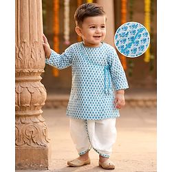 Babyhug Cambric Woven Full Sleeves Floral Printed Kurta Dhoti Set - Blue
