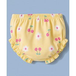 Babyhug 100% Cotton Interlock Knit Half Sleeves Floral & Cherry Printed Frock With Bloomer - Yellow