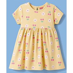 Babyhug 100% Cotton Interlock Knit Half Sleeves Floral & Cherry Printed Frock With Bloomer - Yellow