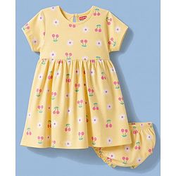 Babyhug 100% Cotton Interlock Knit Half Sleeves Floral & Cherry Printed Frock With Bloomer - Yellow