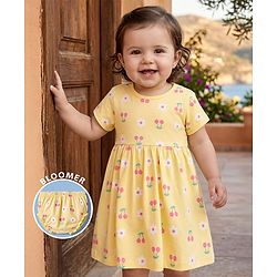Babyhug 100% Cotton Interlock Knit Half Sleeves Floral & Cherry Printed Frock With Bloomer - Yellow