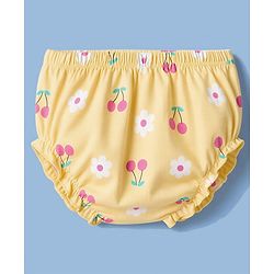 Babyhug 100% Cotton Interlock Knit Half Sleeves Floral & Cherry Printed Frock With Bloomer - Yellow