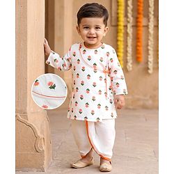 Babyhug Cambric Woven Full Sleeves Floral Printed Kurta Dhoti Set - White