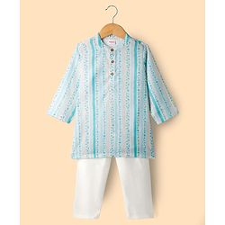 Babyhug Cambric Woven Full Sleeves Kurta Pyjama Set With Floral Print - Light Green