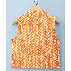 Babyhug Cambric Woven Full Sleeves Kurta Pyjama Set with Printed Nehru Jacket - Orange