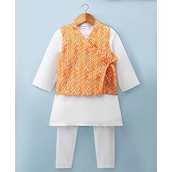 Babyhug Cambric Woven Full Sleeves Kurta Pyjama Set with Printed Nehru Jacket - Orange