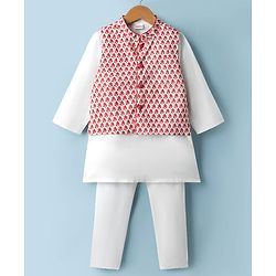 Babyhug 100% Cotton Cambric Woven Full Sleeves Kurta Pyjama Set with Floral Printed Nehru Jacket - Red