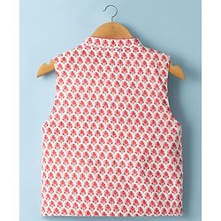 Babyhug 100% Cotton Cambric Woven Full Sleeves Kurta Pyjama Set with Floral Printed Nehru Jacket - Red