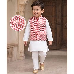 Babyhug 100% Cotton Cambric Woven Full Sleeves Kurta Pyjama Set with Floral Printed Nehru Jacket - Red