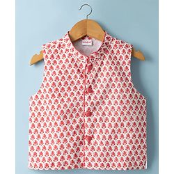 Babyhug 100% Cotton Cambric Woven Full Sleeves Kurta Pyjama Set with Floral Printed Nehru Jacket - Red