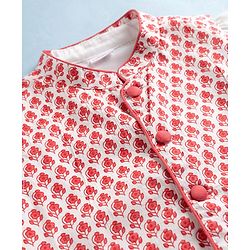 Babyhug 100% Cotton Cambric Woven Full Sleeves Kurta Pyjama Set with Floral Printed Nehru Jacket - Red