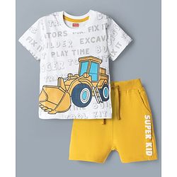 Babyhug Single Jersey Knit Half Sleeves T-Shirt & Shorts Set with Excavator Print - Yellow & White
