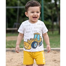 Babyhug Single Jersey Knit Half Sleeves T-Shirt & Shorts Set with Excavator Print - Yellow & White