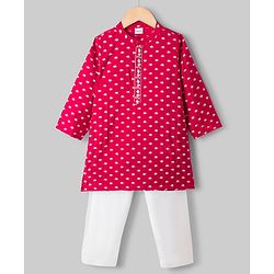 Babyhug Cambric Woven Full Sleeves Kurta Pyjama Set With Elephant Print - Red