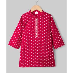 Babyhug Cambric Woven Full Sleeves Kurta Pyjama Set With Elephant Print - Red