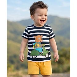Babyhug 100% Cotton Knit Half Sleeves Striped & Animal Printed T-Shirt & Shorts Set - Yellow
