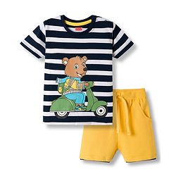 Babyhug 100% Cotton Knit Half Sleeves Striped & Animal Printed T-Shirt & Shorts Set - Yellow