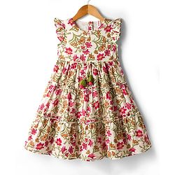 Babyhug Cambric Woven Sleeveless Ethnic Dress With Floral Print - White