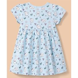 Babyhug 100% Cotton Frock and Bloomer with Half Sleeves and Cat Print With Bow Applique - Light Blue