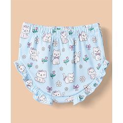 Babyhug 100% Cotton Frock and Bloomer with Half Sleeves and Cat Print With Bow Applique - Light Blue
