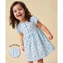 Babyhug 100% Cotton Frock and Bloomer with Half Sleeves and Cat Print With Bow Applique - Light Blue