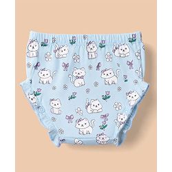 Babyhug 100% Cotton Frock and Bloomer with Half Sleeves and Cat Print With Bow Applique - Light Blue