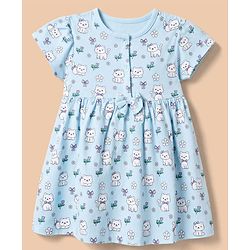Babyhug 100% Cotton Frock and Bloomer with Half Sleeves and Cat Print With Bow Applique - Light Blue