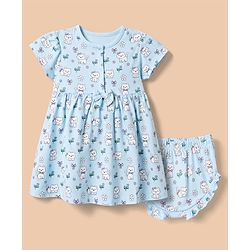 Babyhug 100% Cotton Frock and Bloomer with Half Sleeves and Cat Print With Bow Applique - Light Blue
